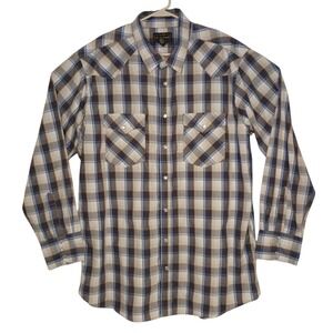 VTG High Noon Western Shirt Mens XL Tall Plaid Pearl Snap Double Flap Pockets LS